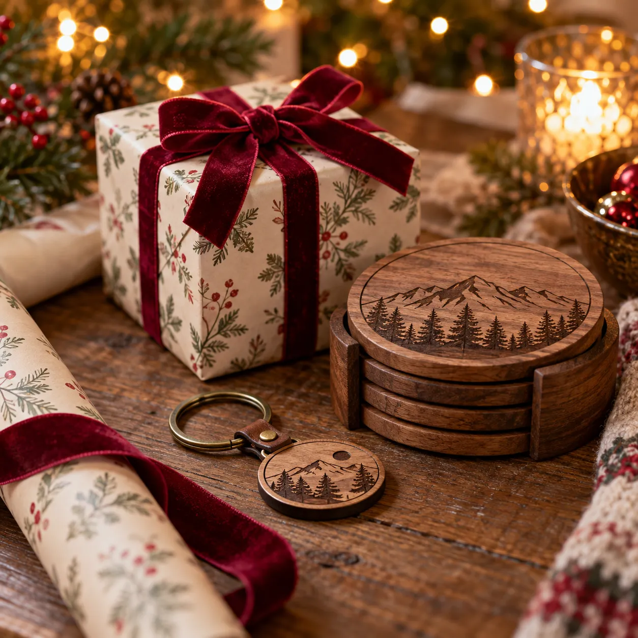 Flat-lay of a small wrapped gift box next to an engraved wood coaster set and a keychain