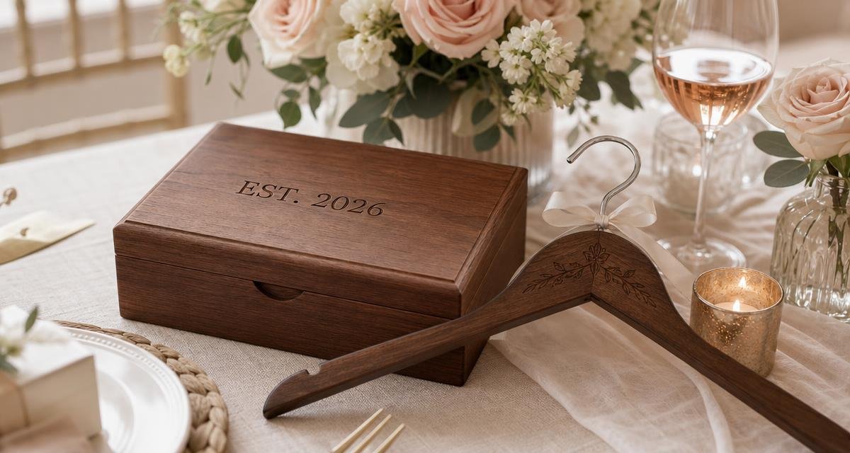 An engraved wood jewelry box and a personalized robe hanger displayed on a table set for a bridal shower.