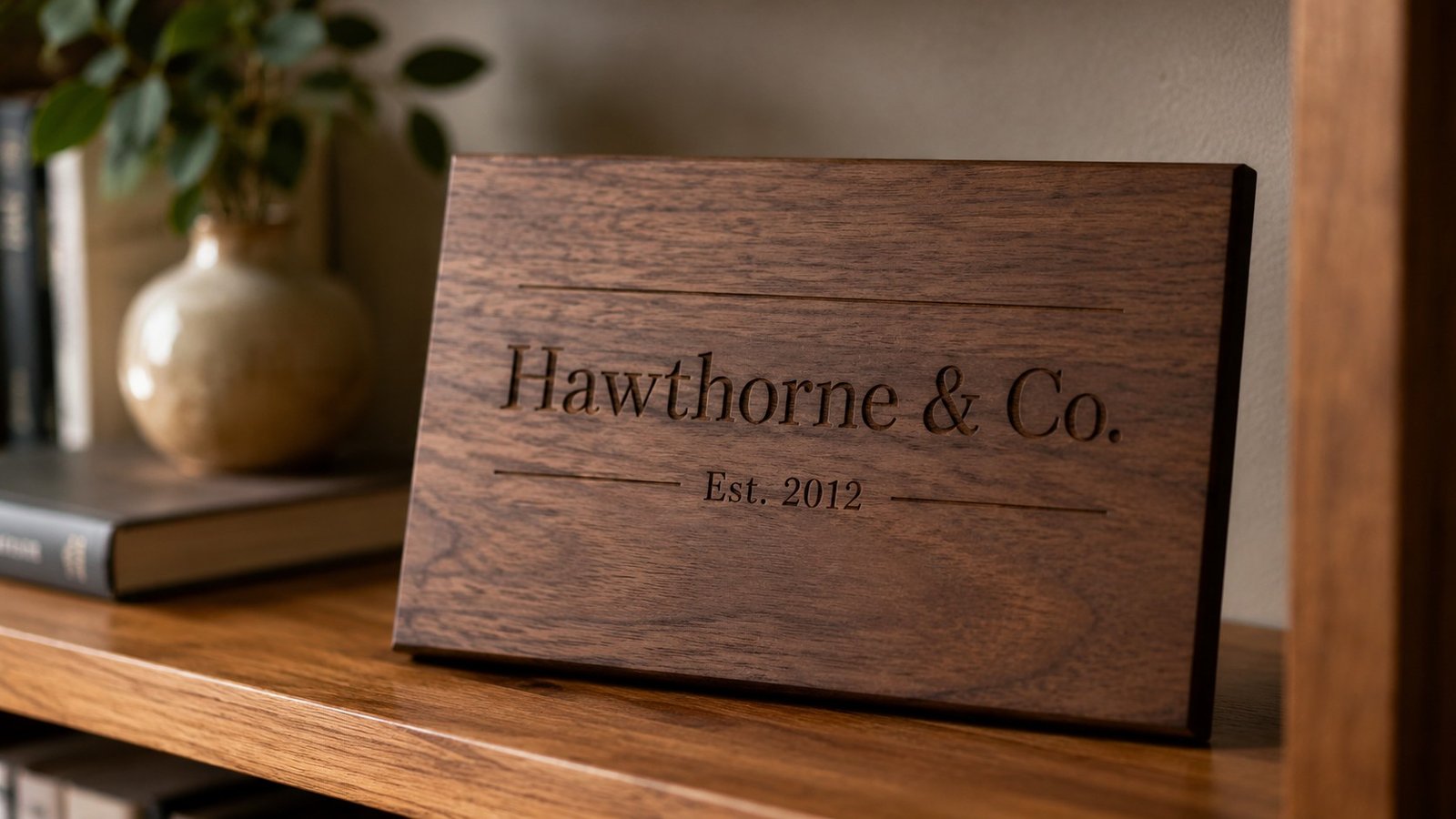 An engraved walnut plaque marking a company anniversary, displayed on an office shelf.