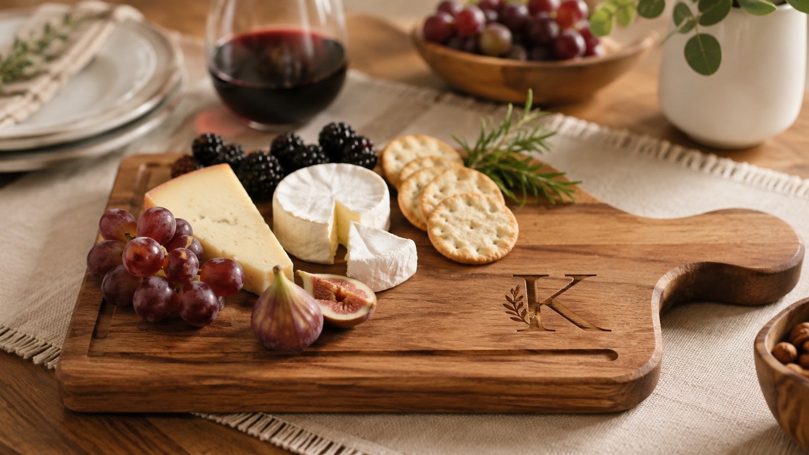 An engraved wood charcuterie board set out with cheese and crackers on a dining table.