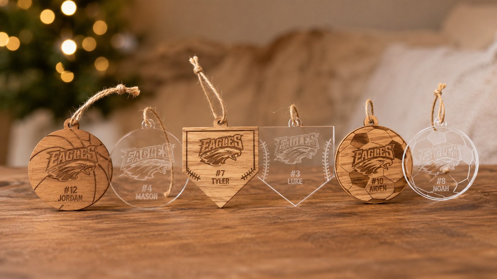 A row of small engraved team ornaments with player names, laid out for an end of season gift order.