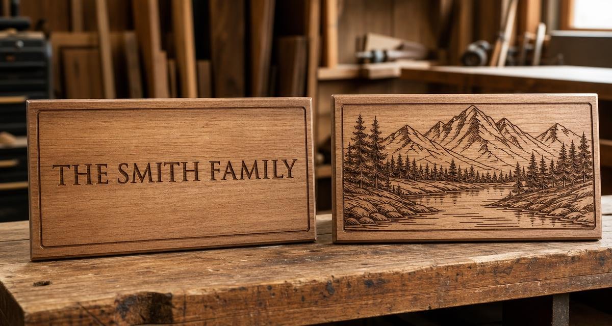 Two engraved wood signs on a workbench, one a ready-made design with a name added and one a fully custom hand-drawn layout.