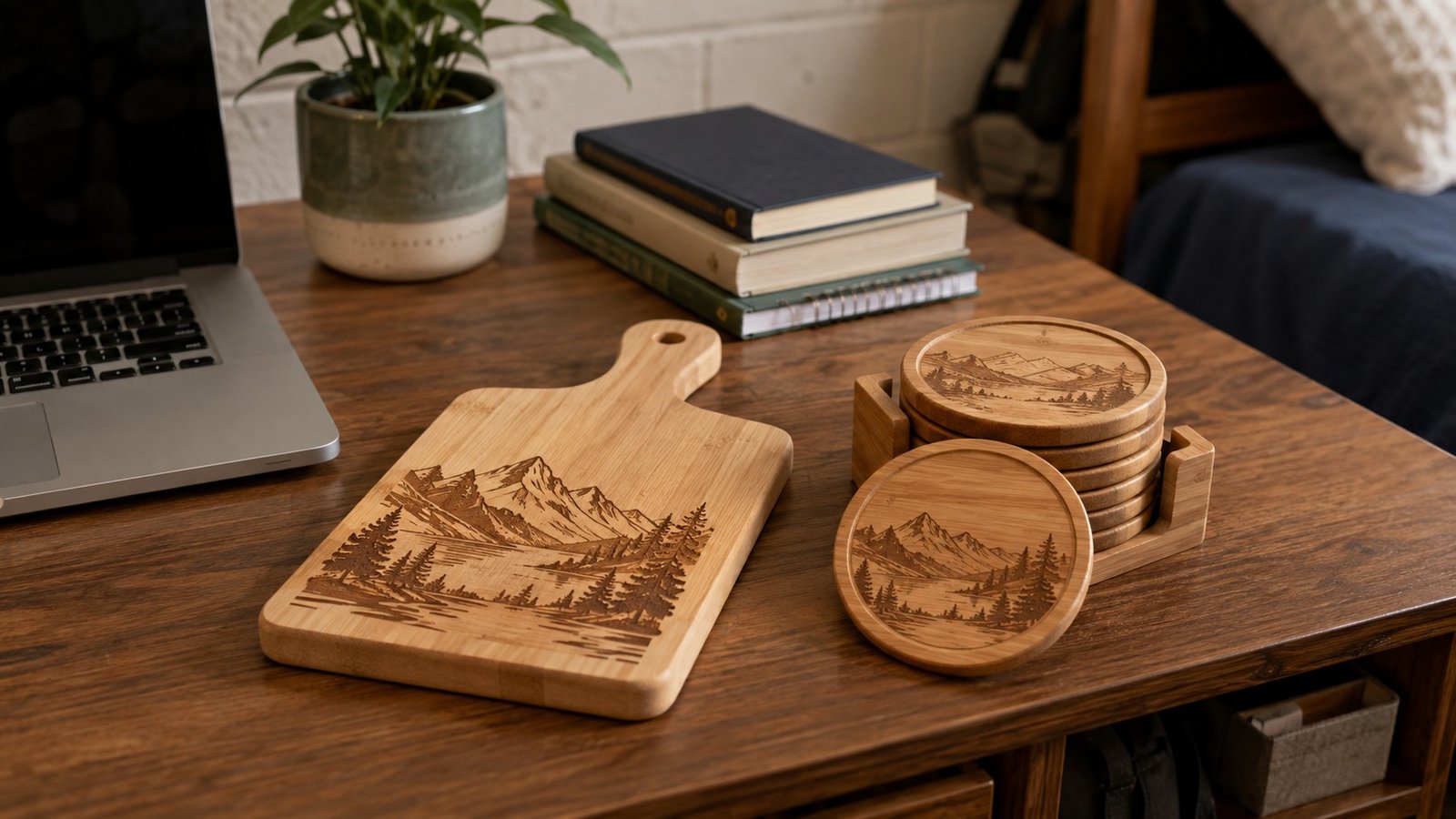 A small engraved wood cutting board and coasters staged on a dorm room desk next to a laptop.