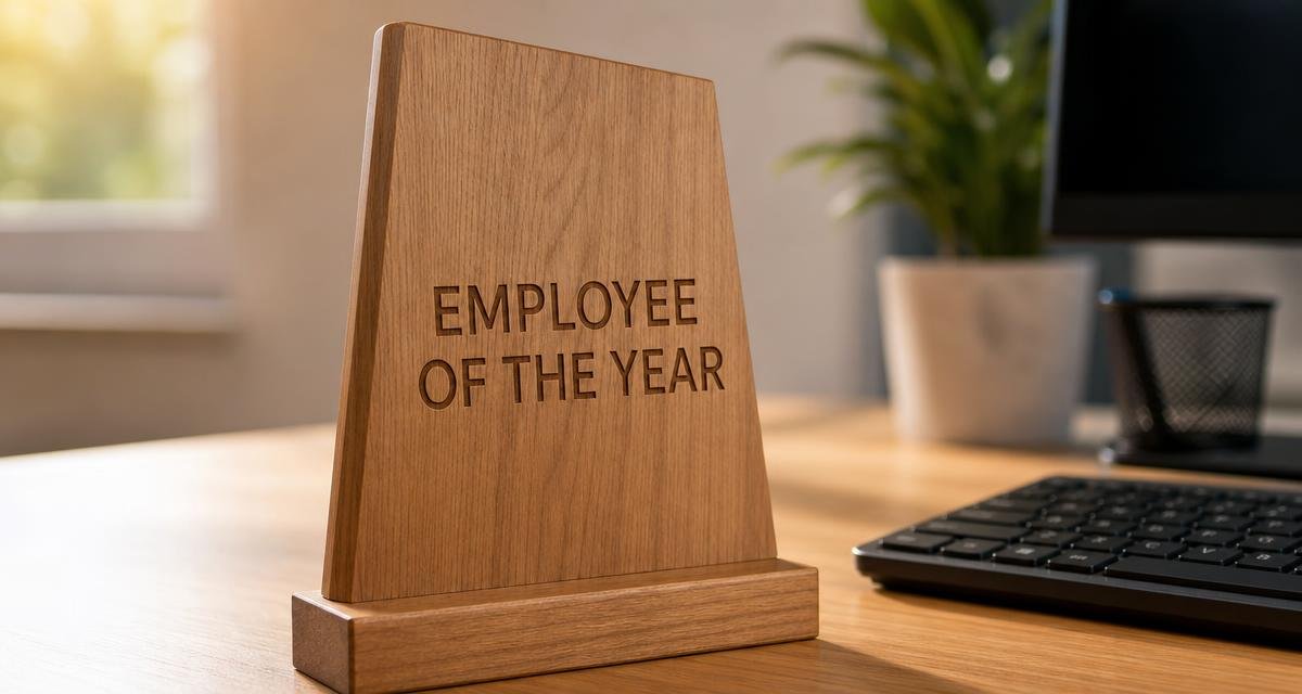 An engraved wood employee recognition award standing upright on an office desk next to a keyboard.