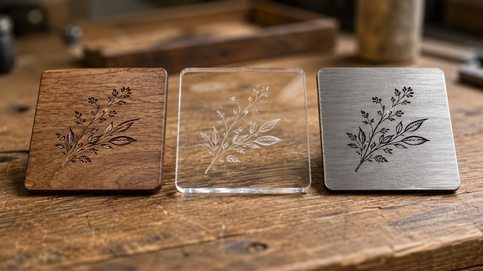 Wood, acrylic, and metal engraved sample pieces laid out side by side on a workbench.