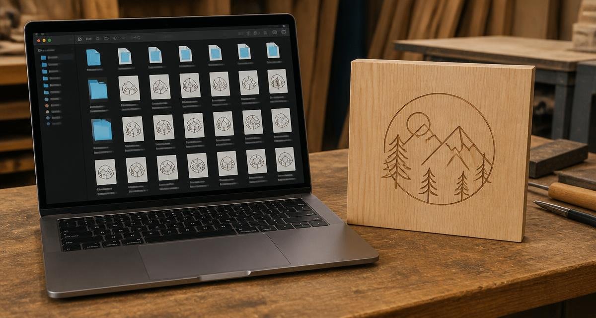 A laptop open to a folder of design files next to a finished engraved wood piece on the workbench.