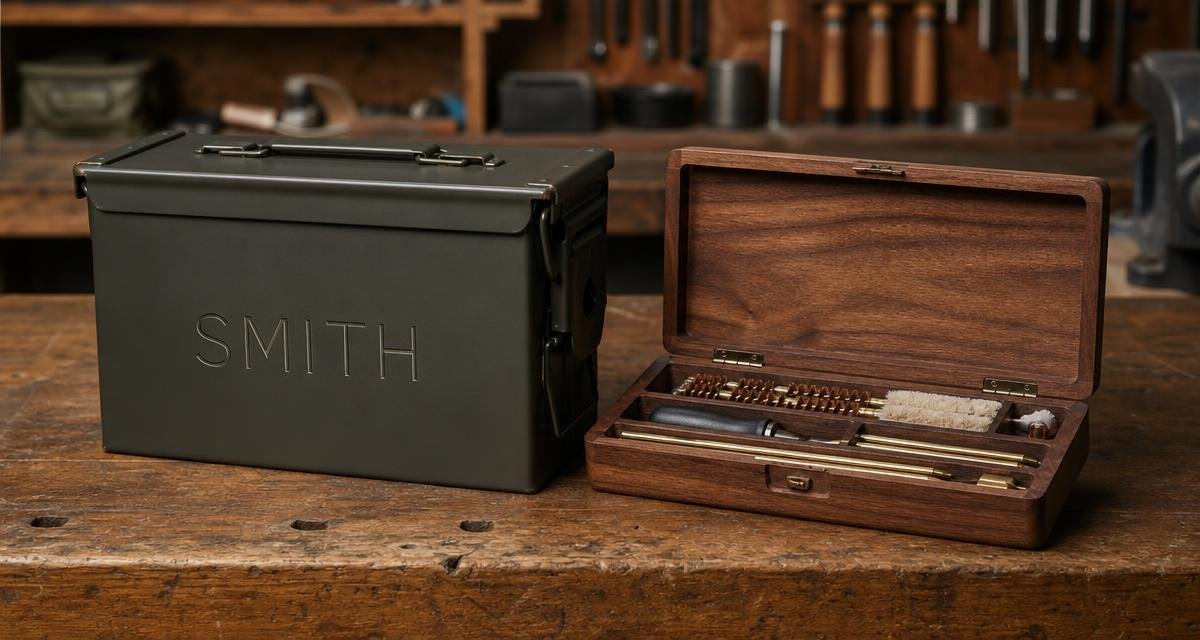 An engraved steel ammo can and a wood gun cleaning kit case displayed together on a workbench.
