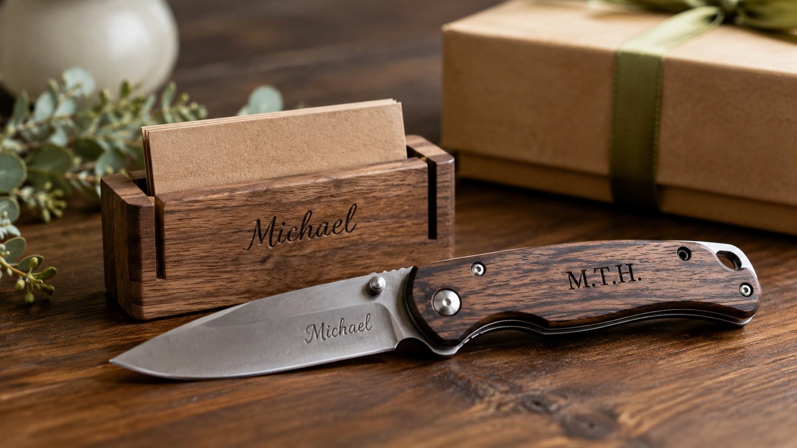 A personalized engraved knife and desk item staged together as gift options for someone hard to shop for.