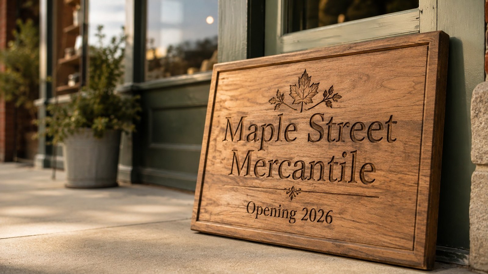 An engraved wood sign with a business name and opening date, propped near a shop entrance.