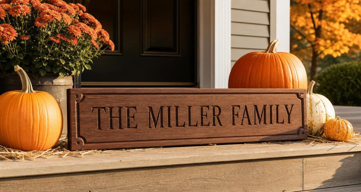 An engraved wood fall porch sign with a family name and pumpkins arranged around it on a front porch.