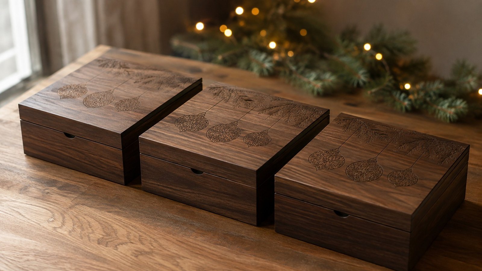 A row of engraved wood gift boxes and desk items staged together as a holiday client gift set.