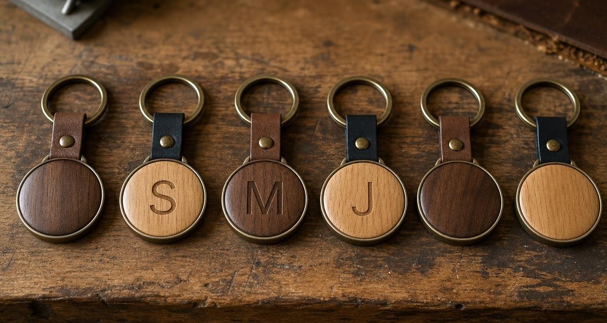 A row of engraved wood and metal keychains laid out on a workbench, each with a different name engraved on it.