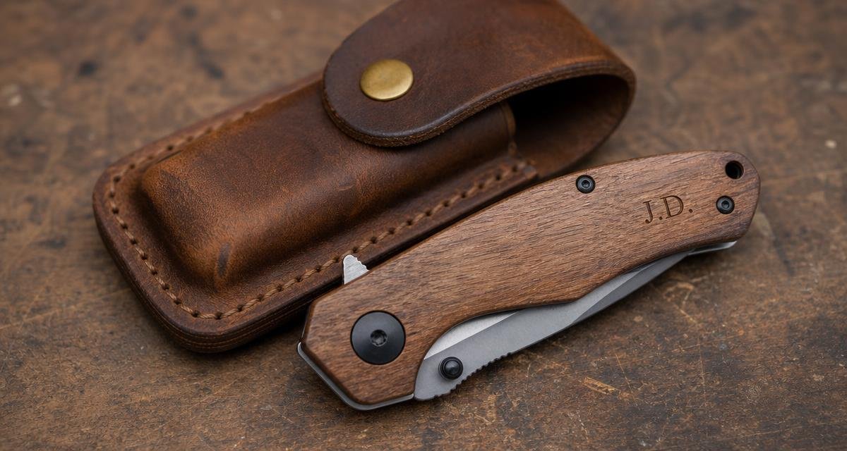 A folding pocketknife with an engraved handle resting on a wood workbench next to a leather EDC pouch.