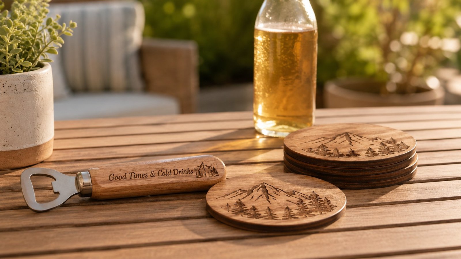 An engraved wood bottle opener and coasters set out on a patio table for a Labor Day cookout.