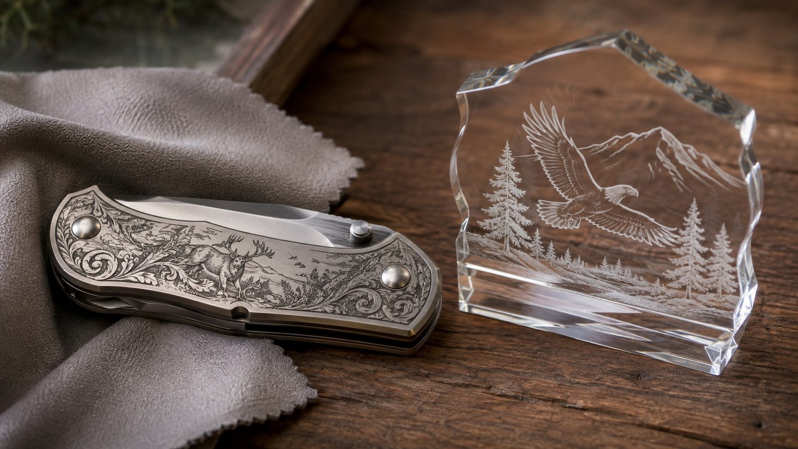 An engraved metal knife and an acrylic award piece being wiped clean with a microfiber cloth.