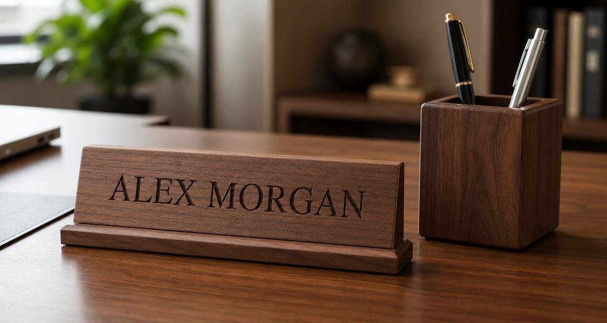 An engraved wood desk nameplate and a pen holder arranged on an office desk.