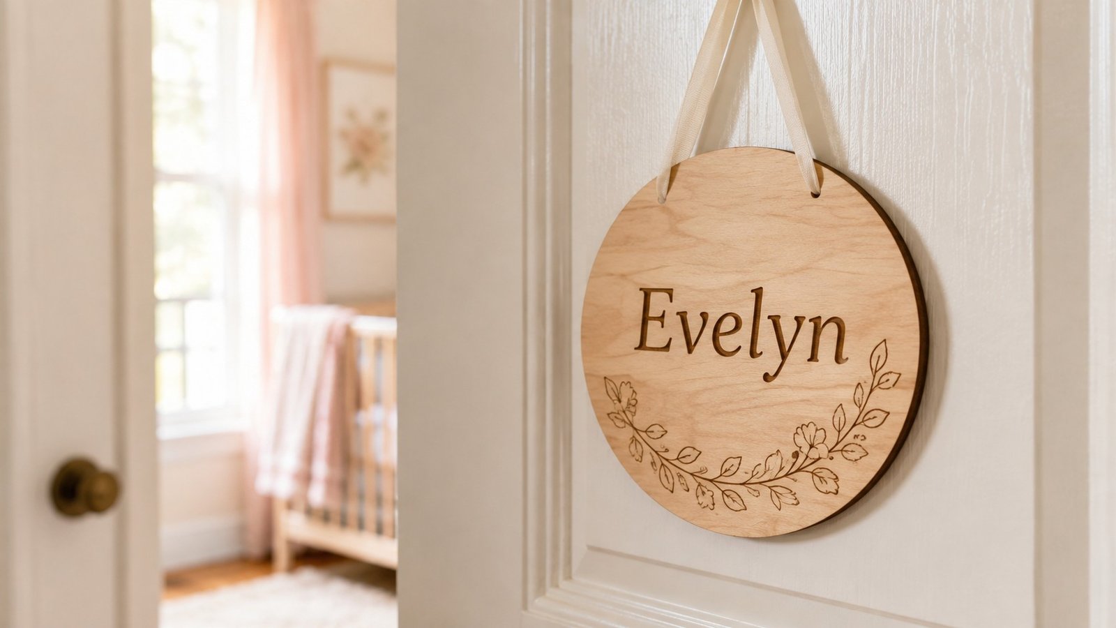 A wood name sign engraved with a child's name hanging on a nursery door.
