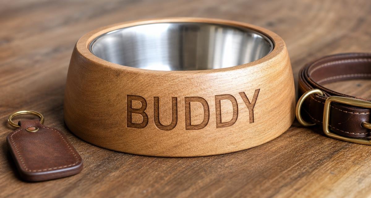 An engraved wood dog food bowl and a leather leash tag arranged next to a dog collar on a wood surface.
