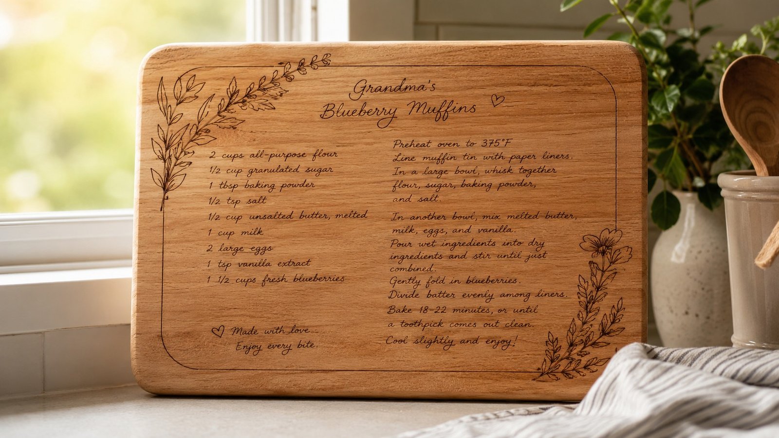 A wood cutting board engraved with a handwritten family recipe card, resting on a kitchen counter.