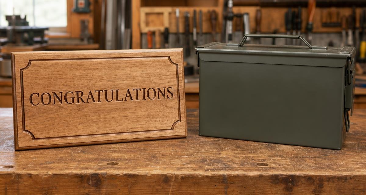 An engraved wood retirement plaque next to a personalized ammo can, both displayed on a workbench.