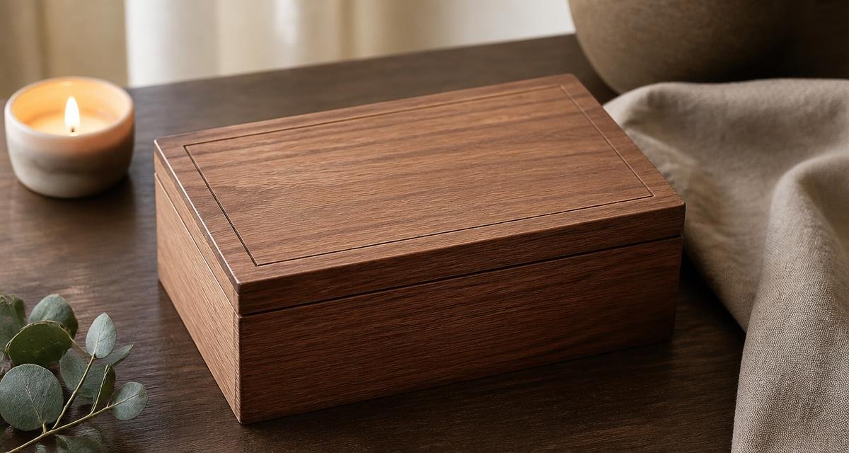 A simple engraved wood memorial keepsake box resting on a table with a small candle nearby.