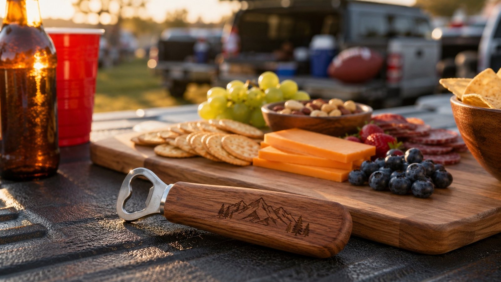 An engraved wood bottle opener and cutting board set up on a tailgate table before a football game.