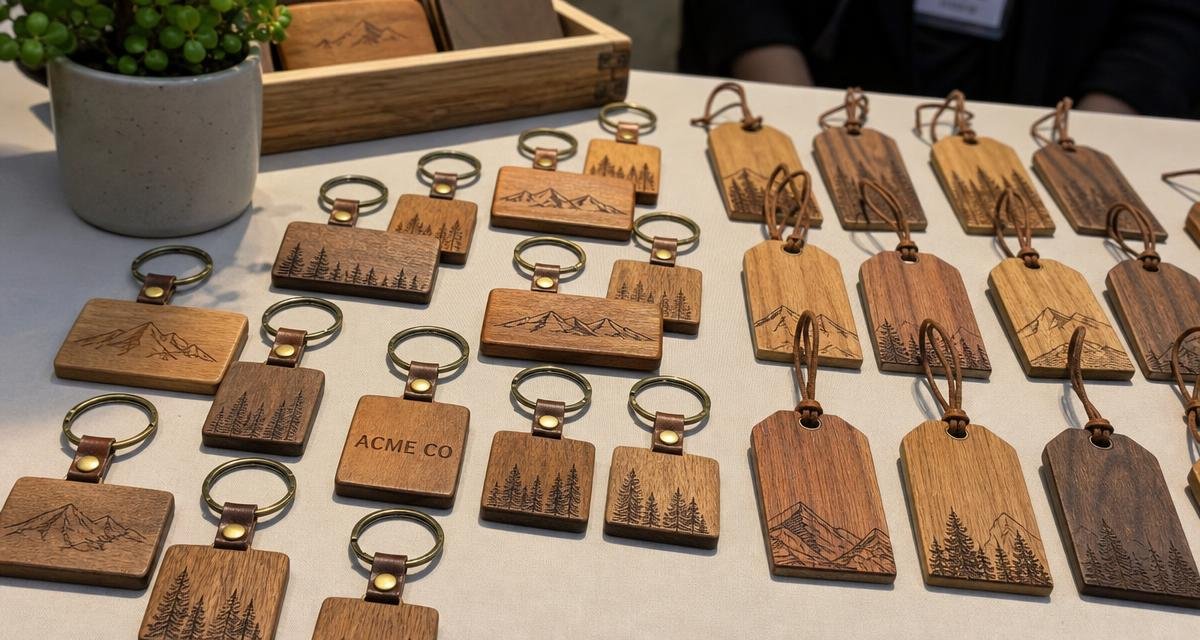 A table of engraved wood keychains and gift tags with a company logo, set up as trade show giveaway items.