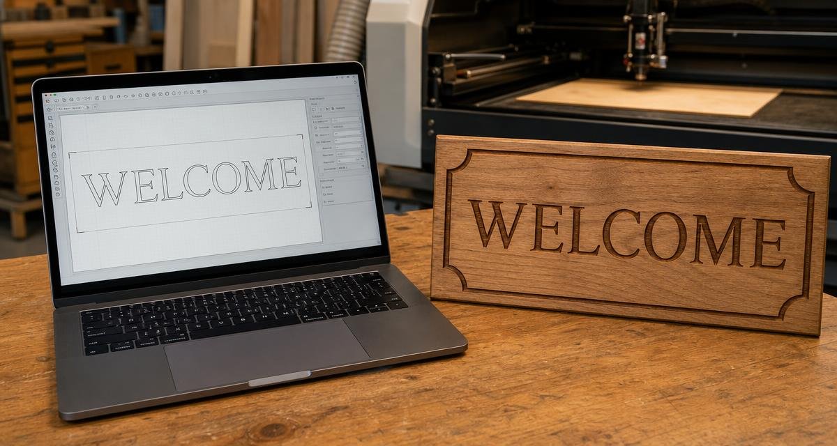 A computer screen showing engraving design software next to a finished wood sign with the same crisp lettering engraved on it.