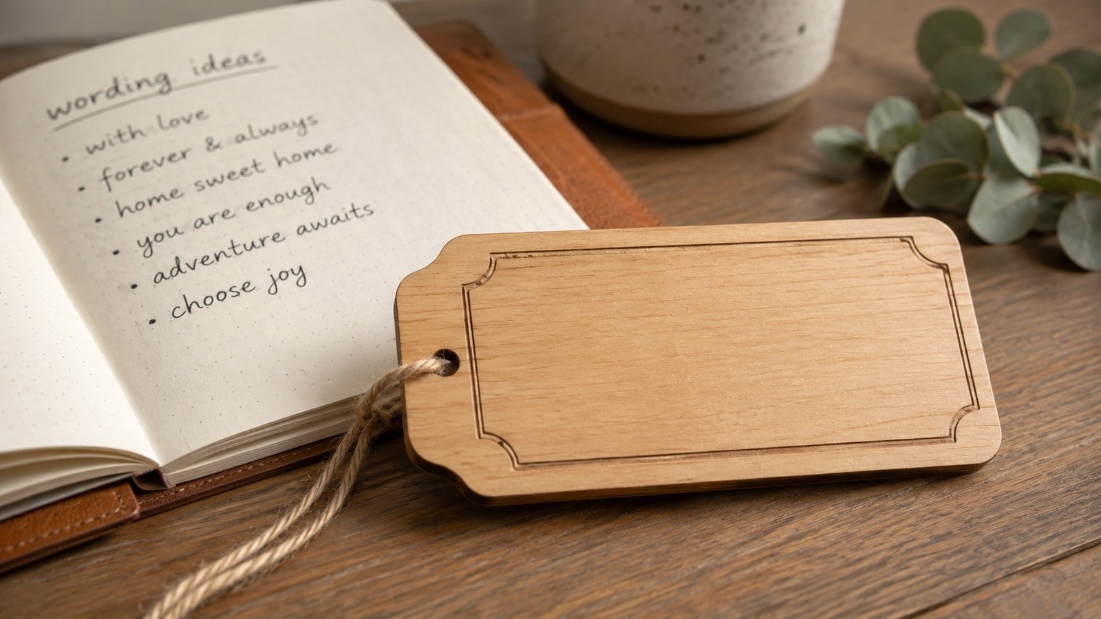 A blank engraved wood tag next to a notepad with wording ideas sketched out.