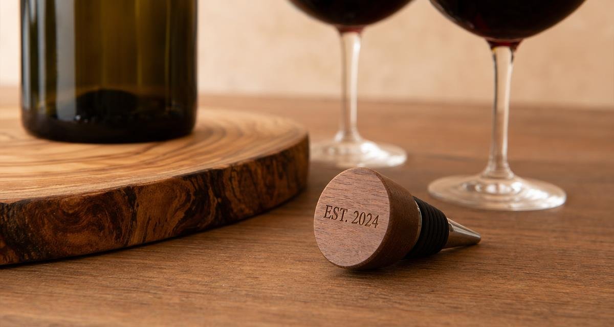An engraved wood wine bottle stopper and a wood wine serving board arranged on a table with a bottle of wine and two glasses.