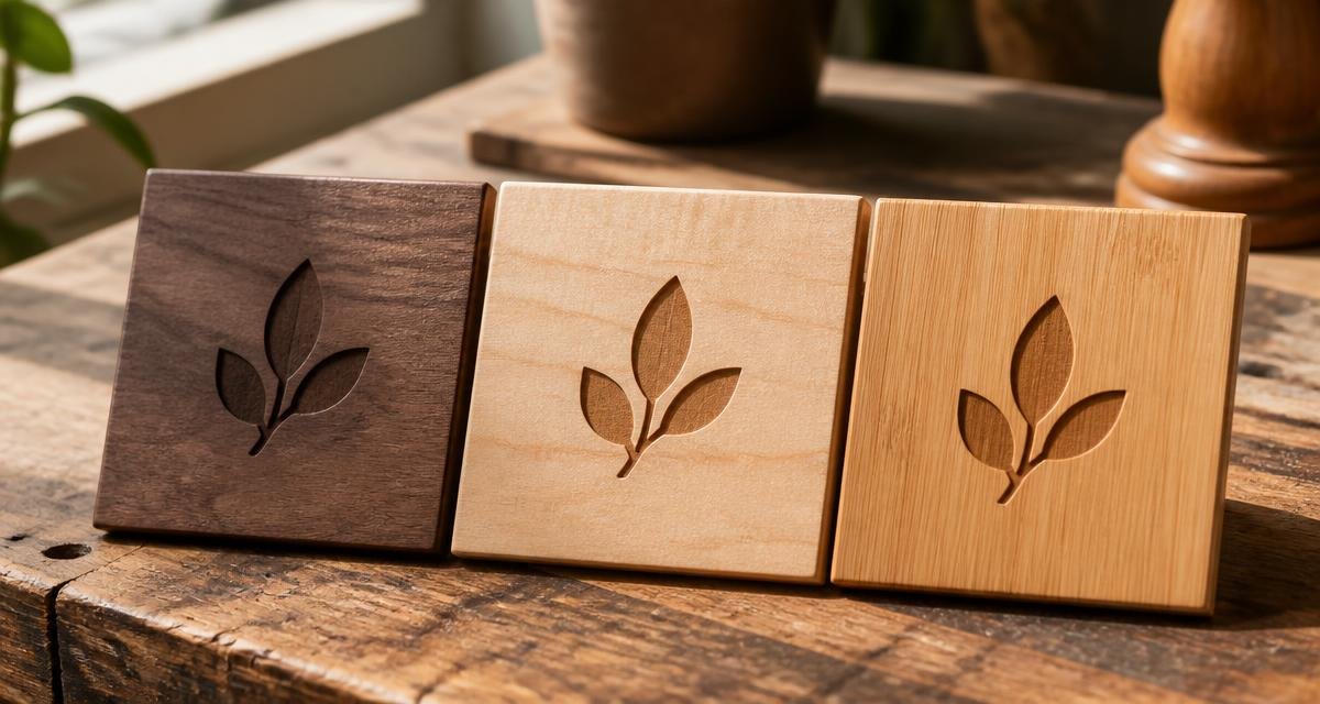 Three engraved wood samples side by side on a workbench, showing walnut, maple, and bamboo with the same design engraved on each.